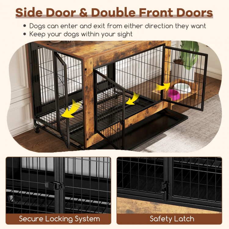 Industrial dog kennel featuring double front doors and a removable tray for easy cleaning and access in rustic brown.