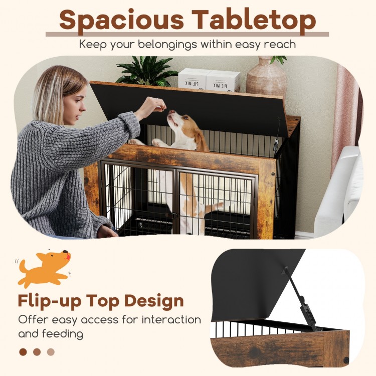 Industrial dog kennel with flip-up top, rustic brown finish, featuring lockable doors and removable tray for easy.