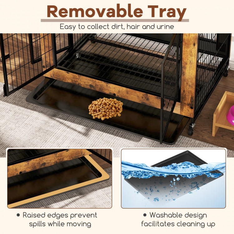Removable tray of the rustic brown industrial dog kennel for easy cleaning of dirt, hair, and urine.
