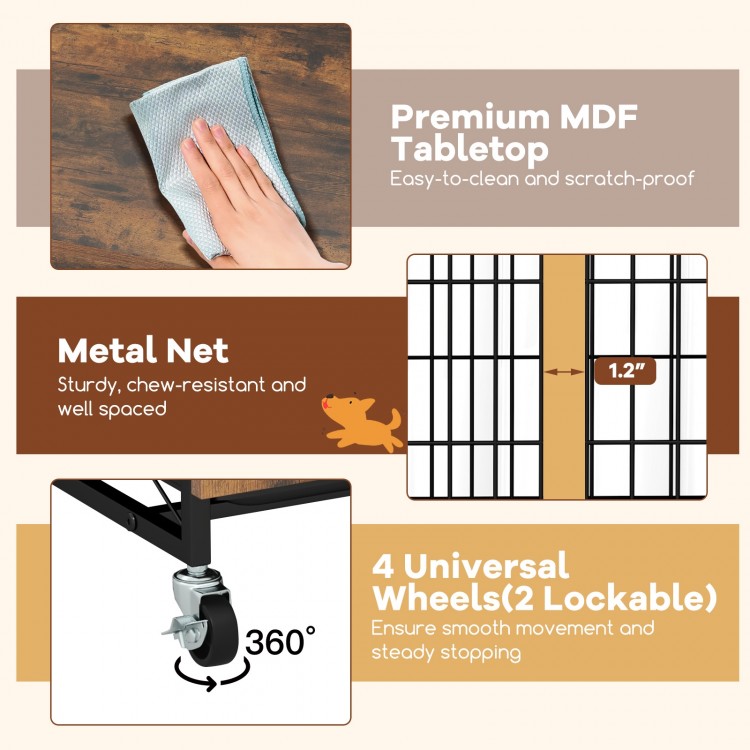 Industrial dog kennel with flip-up top, removable tray, and sturdy metal net for easy cleaning and pet interaction.