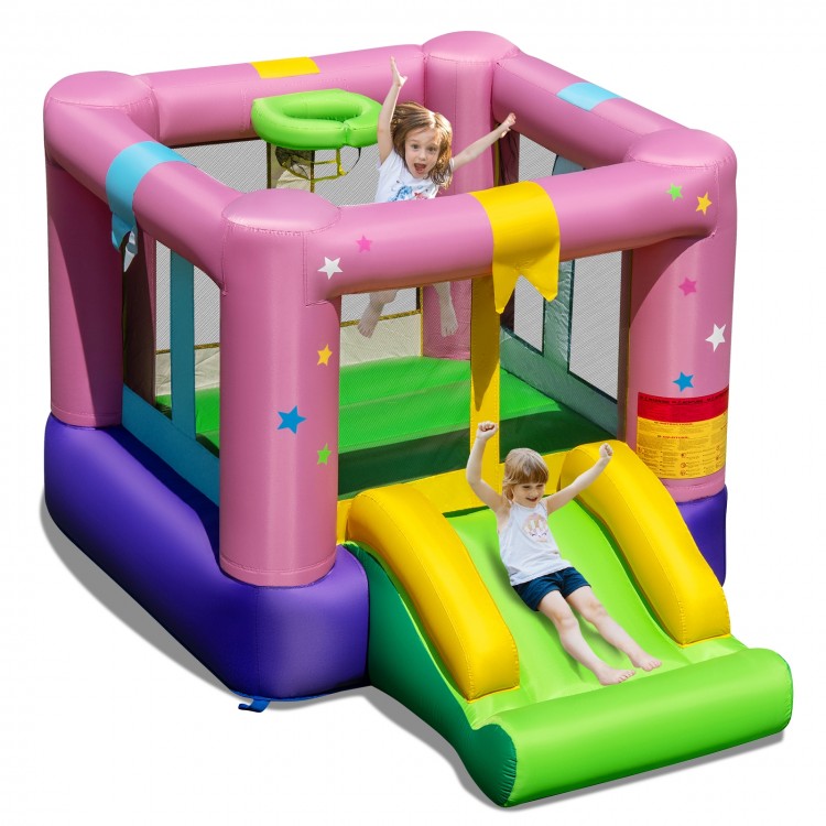 Inflatable bounce house with a vibrant slide and jumping area, designed for safe indoor and outdoor play for kids aged.
