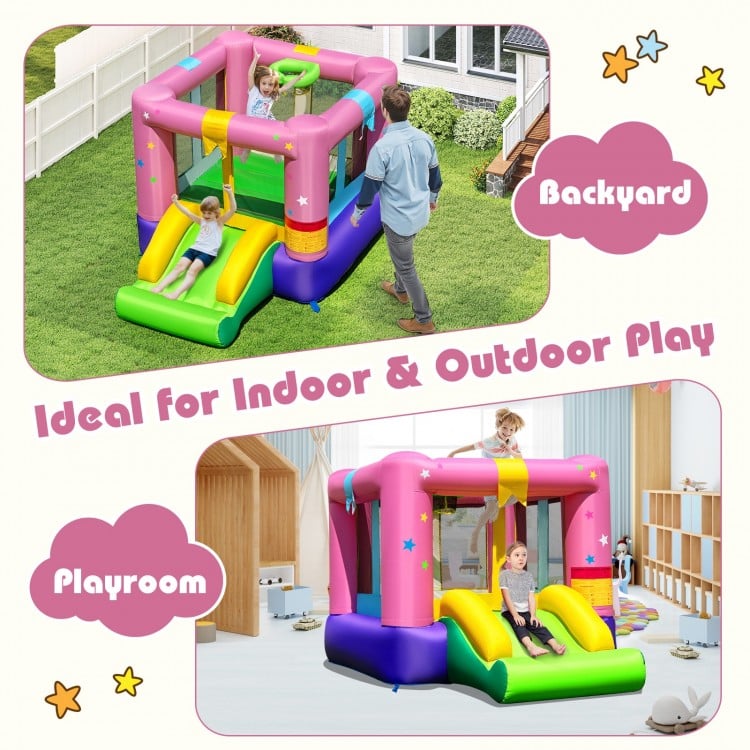 Inflatable bounce house with slide and jumping area, made of durable 420D oxford cloth, for indoor and outdoor fun.