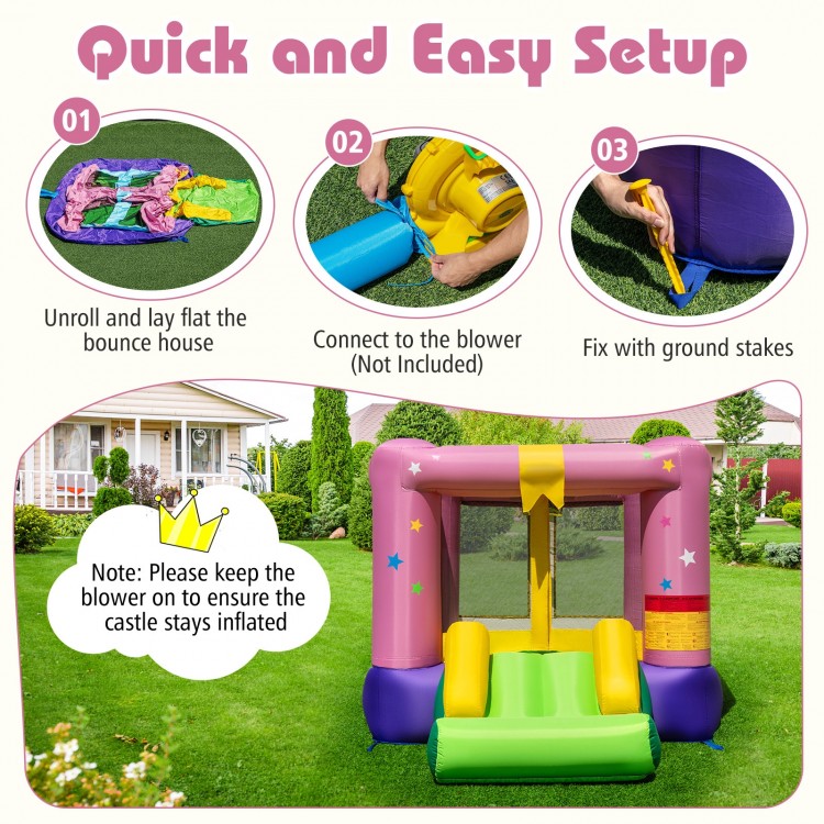 Inflatable bounce house featuring a jumping area, slide, and basketball hoop, perfect for indoor and outdoor fun.