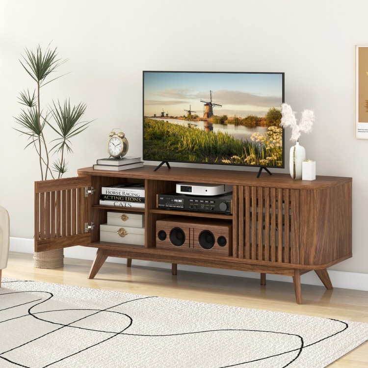 Walnut 2-door TV stand with adjustable shelves, retro charm, and spacious tabletop for TVs up to 60 inches.