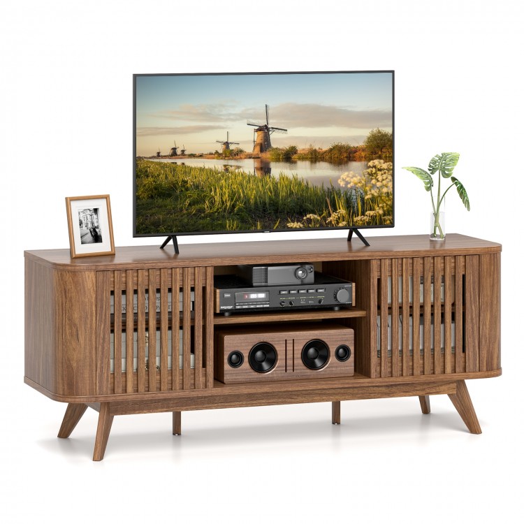 Walnut 2-door TV stand with retro design, adjustable shelves, and spacious tabletop for TVs up to 60 inches.
