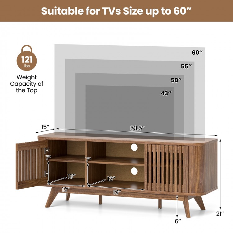 2-Door TV stand in walnut finish, suitable for TVs up to 60 inches, featuring adjustable shelves and retro design.