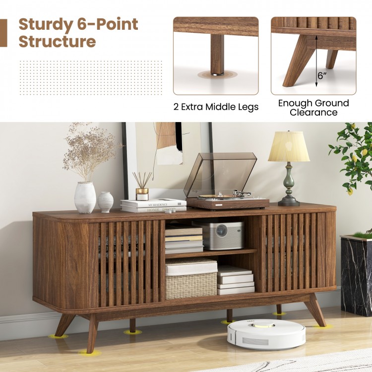 Walnut 2-door TV stand with adjustable shelves, retro fence design, and sturdy 6-point structure for TVs up to 60.