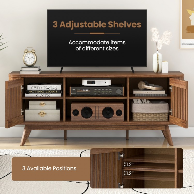 2-door walnut TV stand with adjustable shelves, accommodating various item sizes, perfect for TVs up to 60 inches.