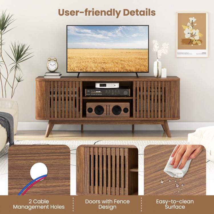 Walnut 2-door TV stand with fence design, adjustable shelves, and cable management holes for TVs up to 60 inches.