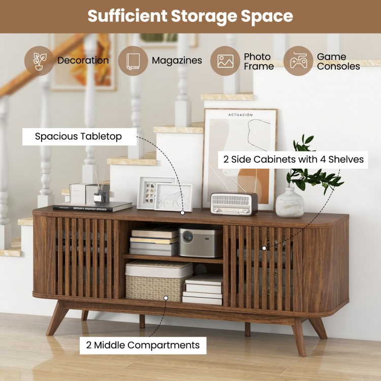Walnut 2-door TV stand with spacious tabletop, adjustable shelves, and retro design, perfect for TVs up to 60 inches.