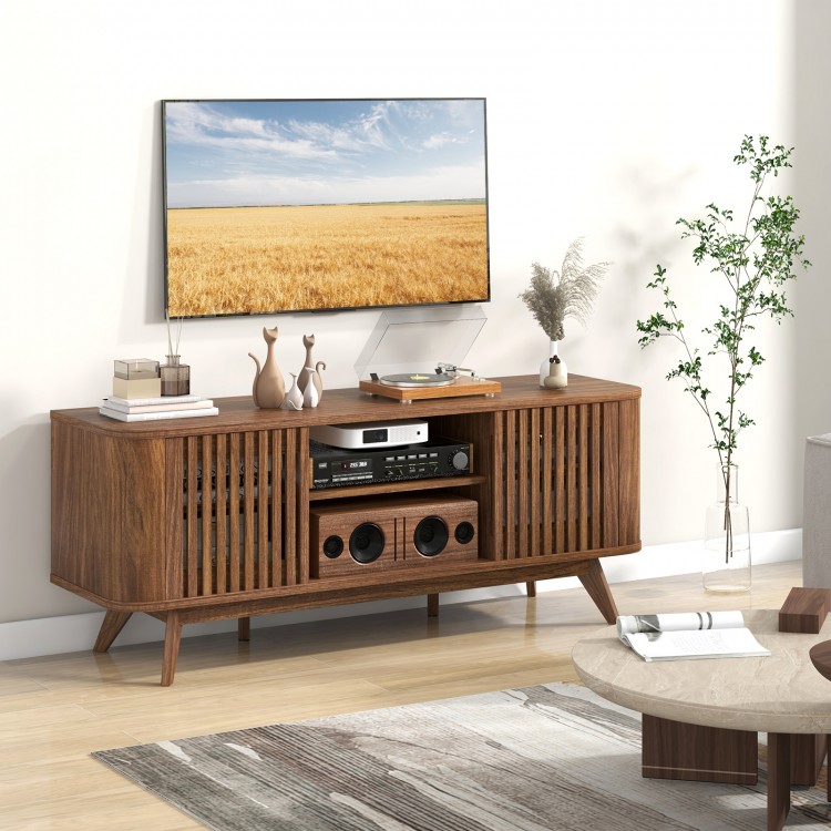 Walnut 2-door TV stand with retro fence design, adjustable shelves, and spacious tabletop for TVs up to 60 inches.