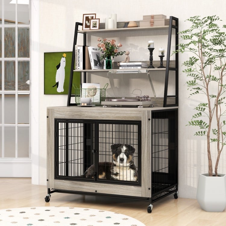 Industrial dog kennel crate furniture in gray with storage shelves, featuring a flip-up top and three doors for easy.