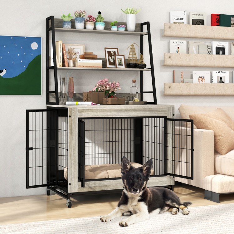 Industrial gray dog kennel furniture with storage shelves, featuring a flip-up top and three doors for easy access.