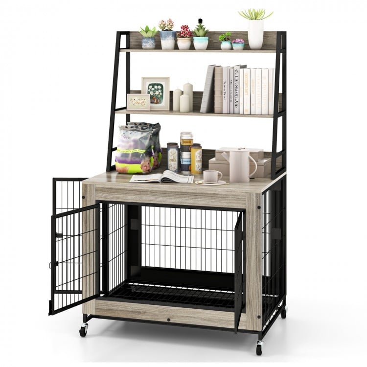 Industrial dog kennel furniture in gray with storage shelves, featuring a flip-up top and pull-out tray for easy.