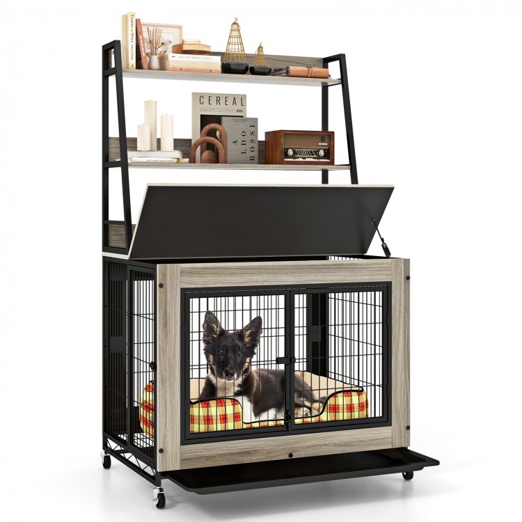 Industrial dog kennel with storage shelves in gray, featuring a flip-up top, three doors, and a pull-out tray for easy.