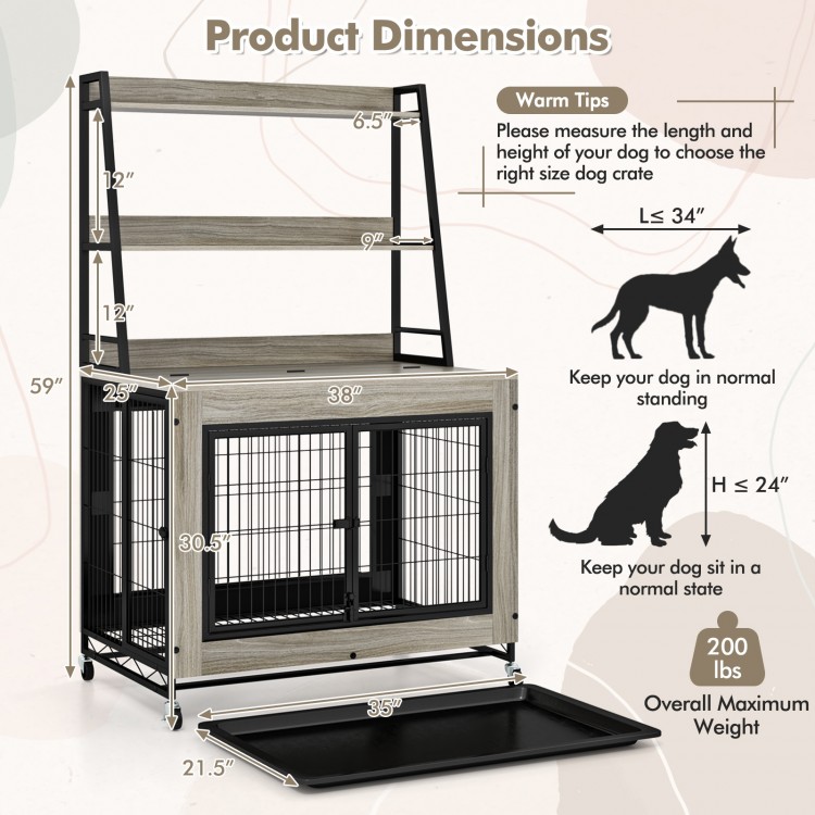 Industrial dog kennel crate with storage shelves, gray, featuring a pull-out tray and three access doors for.