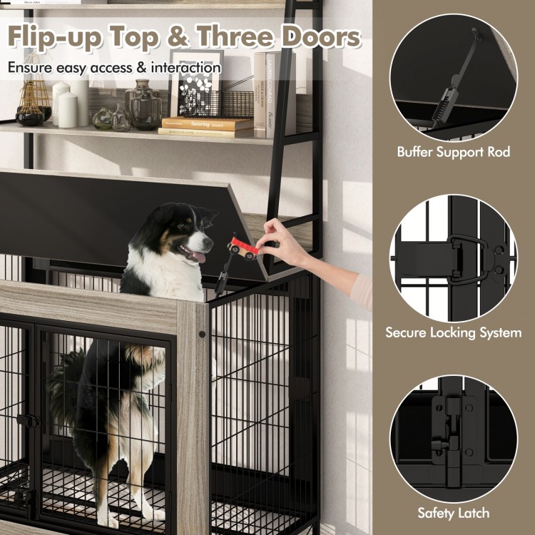 Industrial dog kennel with flip-up top, three doors, and storage shelves for easy access and interaction.