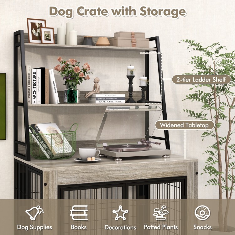 Industrial dog crate furniture in gray with storage shelves, featuring a widened tabletop and 2-tier ladder shelf for.