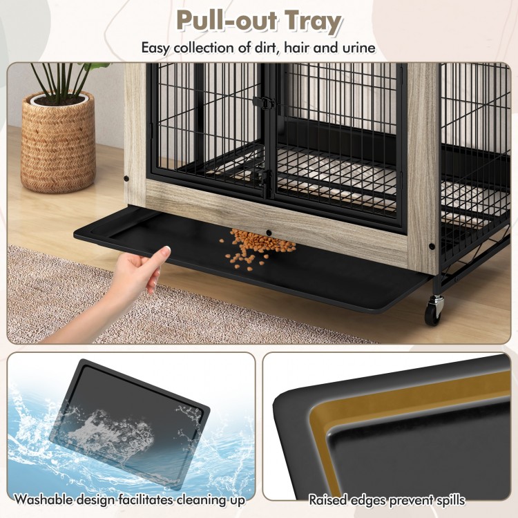 Pull-out tray for easy cleaning of dirt and hair in the Industrial Dog Kennel, featuring a washable design and raised.