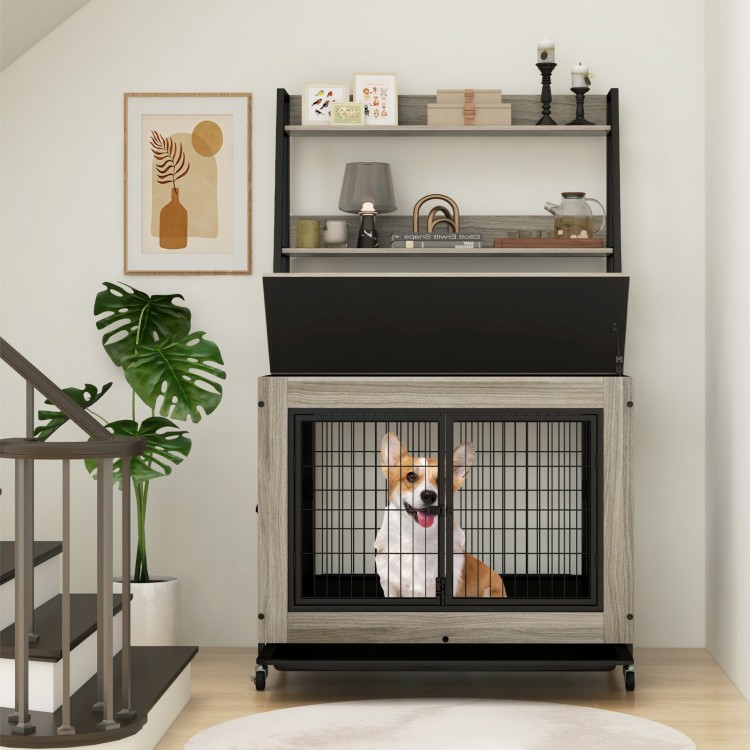 Industrial dog kennel crate in gray with storage shelves, featuring a flip-up top and three access doors for easy.