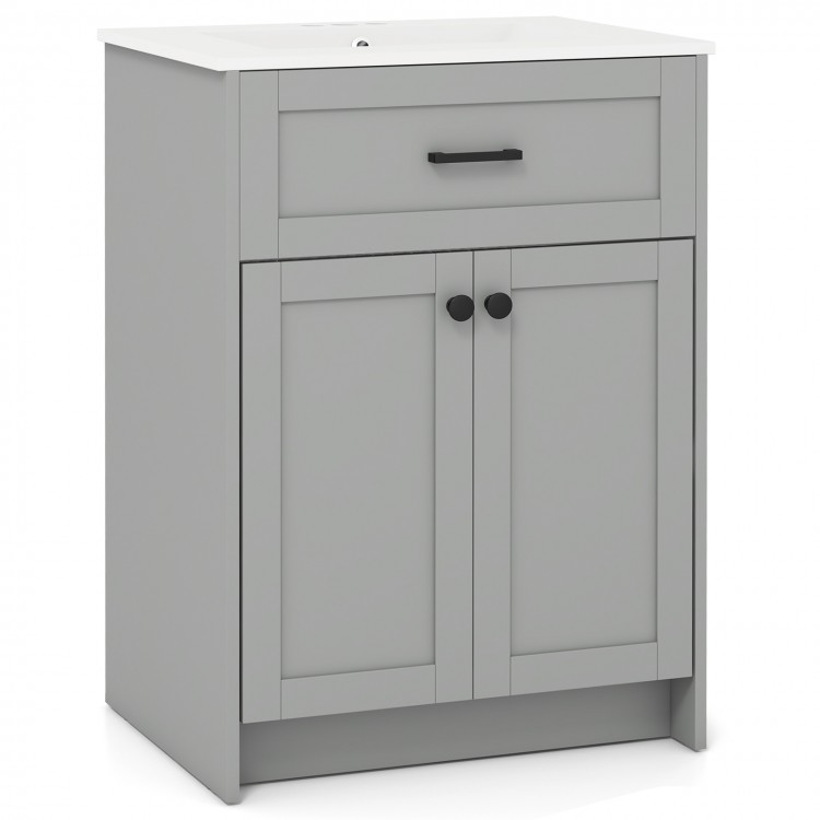 Gray bathroom vanity unit with basin, featuring two doors, sleek handles, and soft close hinges for elegant storage.