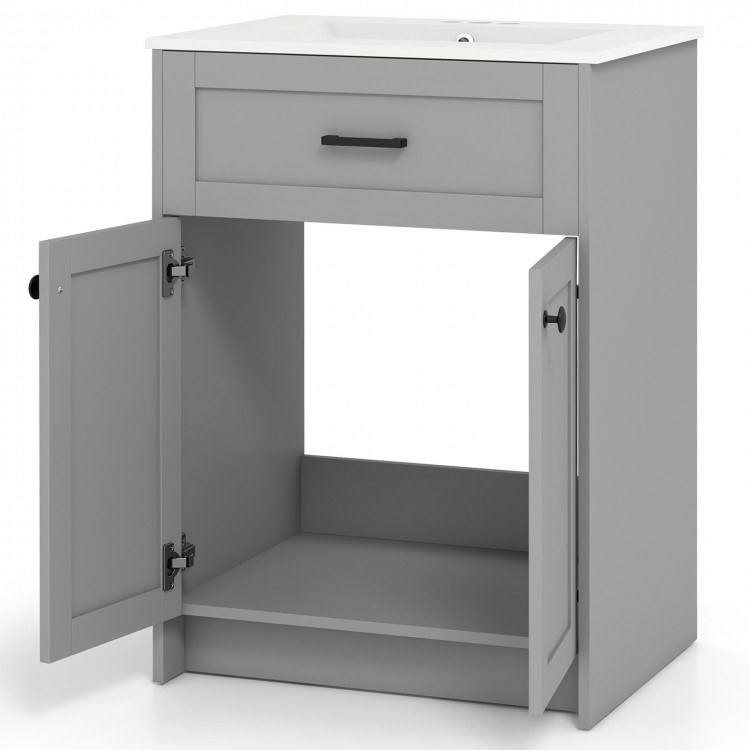 Gray bathroom vanity unit with ceramic basin, two doors, and soft close hinges for elegant storage solutions.
