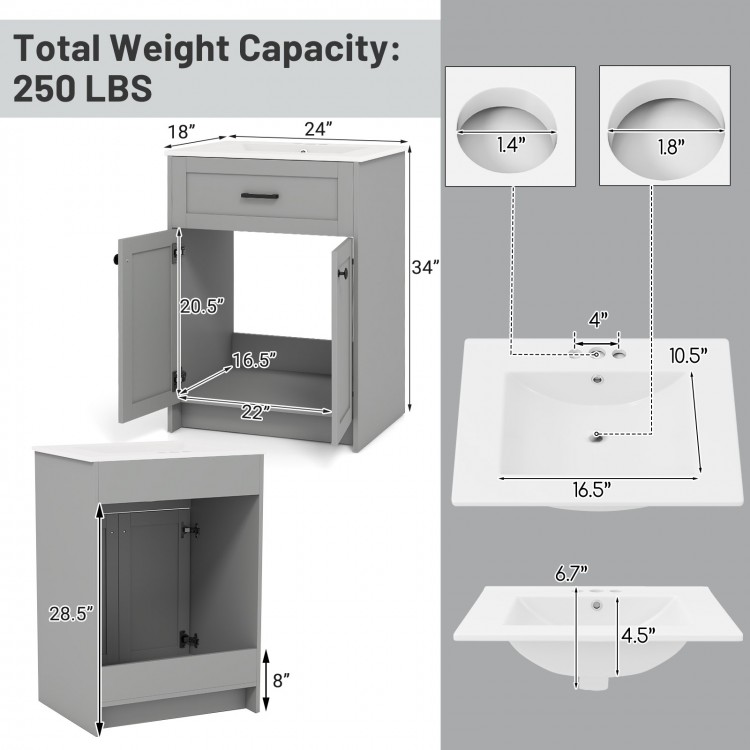 Bathroom vanity unit in gray with ceramic basin, 2 doors, and dimensions for easy installation and storage.