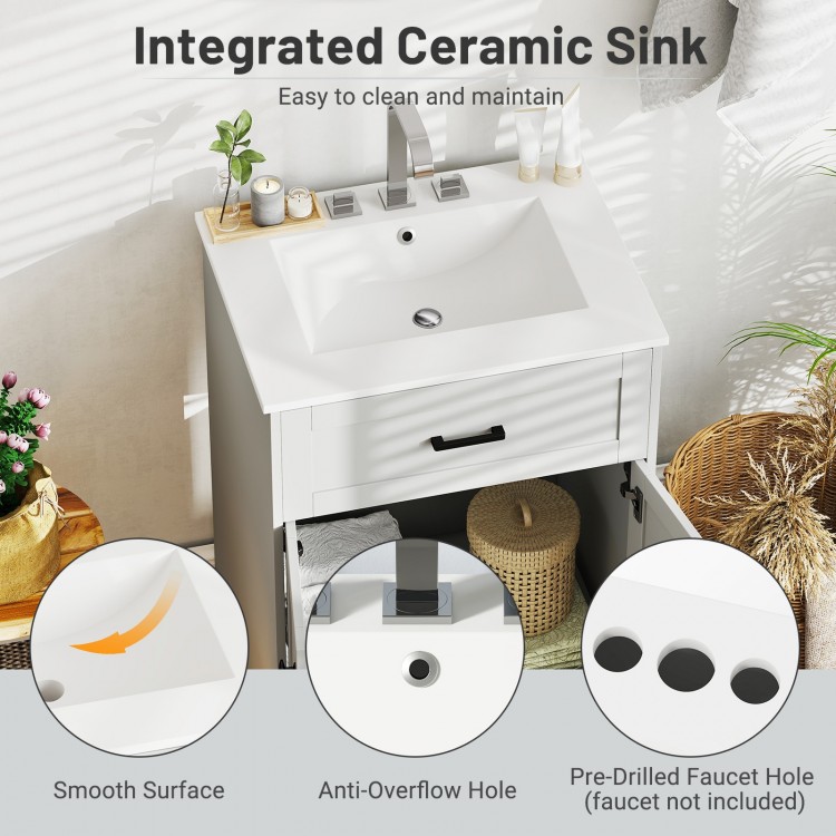 Bathroom vanity unit with integrated ceramic sink, gray finish, featuring pre-drilled faucet hole and large storage.