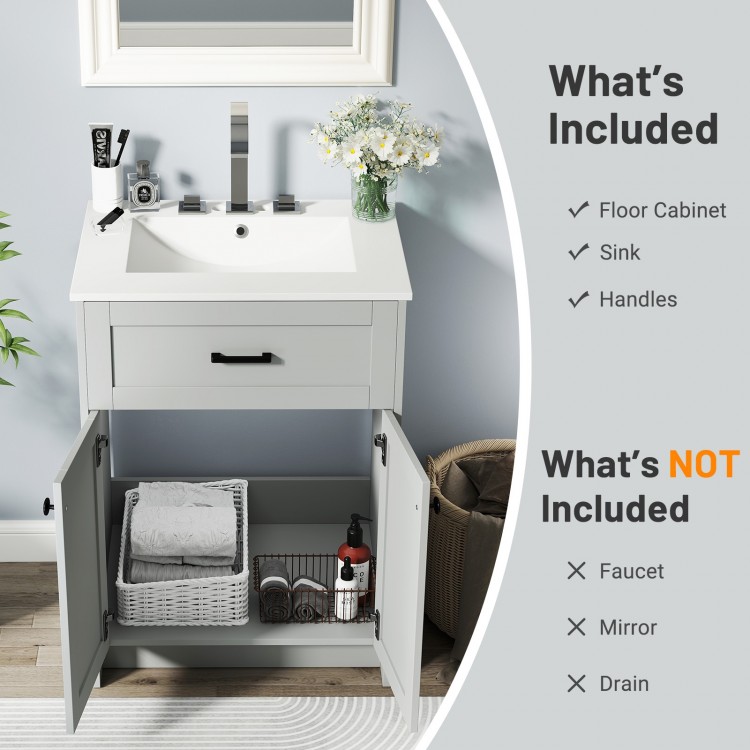 Gray bathroom vanity unit with basin and two doors, featuring sleek handles and ample storage for elegant decor.