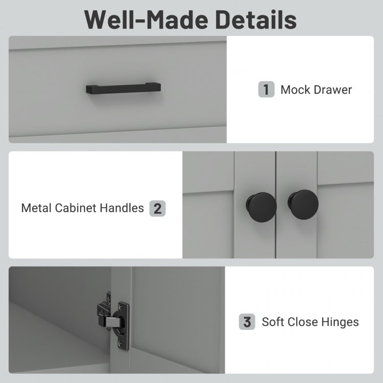 Close-up of the bathroom vanity unit's metal cabinet handles and soft close hinges in gray, showcasing quality.