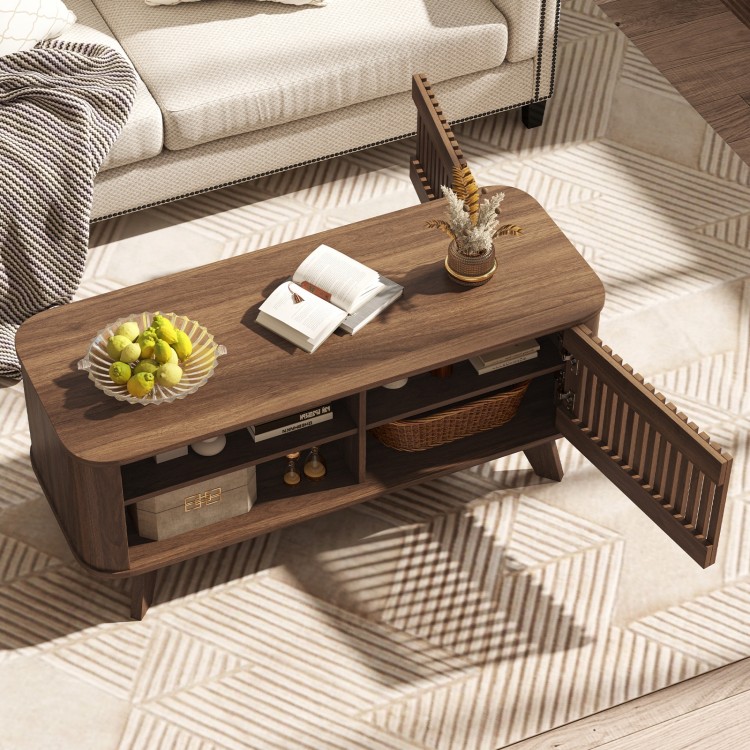 Rectangular walnut coffee table with adjustable shelves, double-side doors, and spacious top for versatile storage and.