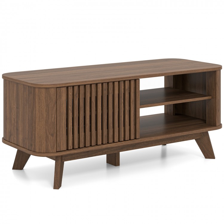 Rectangular walnut coffee table featuring double-side doors, adjustable shelves, and a spacious tabletop for versatile.