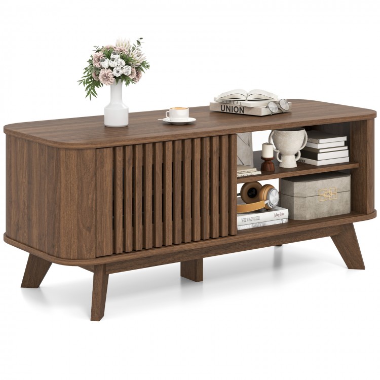 Rectangular walnut coffee table with storage, featuring adjustable shelves and a chic design for versatile use.