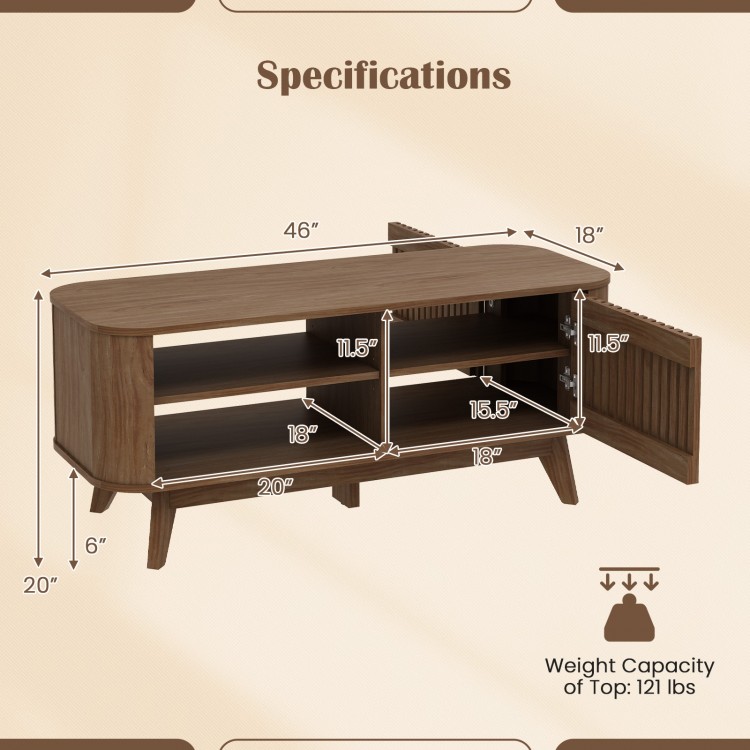 Rectangular coffee table in walnut finish with adjustable shelves, double-side doors, and ample storage for versatile.