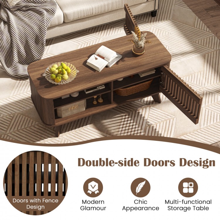 Rectangular walnut coffee table featuring double-side doors, adjustable shelves, and ample storage for versatile use.