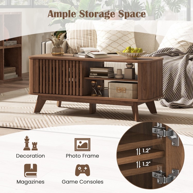 Rectangular coffee table in walnut finish showcasing unique double-side doors and ample storage for versatile home use.