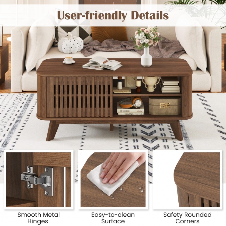 Rectangular walnut coffee table featuring adjustable shelves, double-side doors, and easy-to-clean surface for.