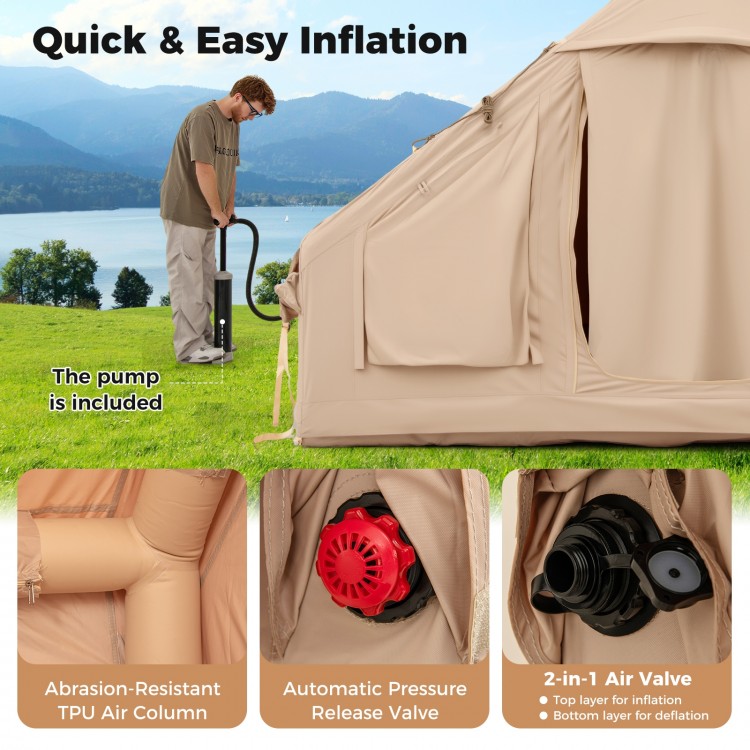 Inflatable camping tent for 4-6 people with waterproof canopy, quick inflation pump, and mesh windows for ventilation.