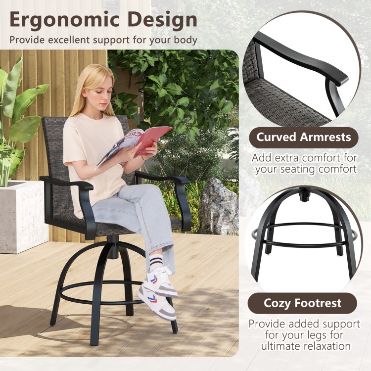 Swivel bar stool with ergonomic design, padded seat, and curved armrests, perfect for patio relaxation.