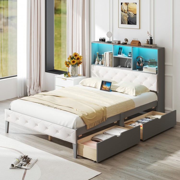 Full size gray bed frame with bookcase headboard, LED lights, and storage drawers for efficient organization.