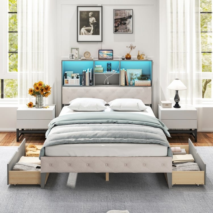 Full size bed frame with gray upholstered headboard, LED lights, and two large storage drawers for added convenience.