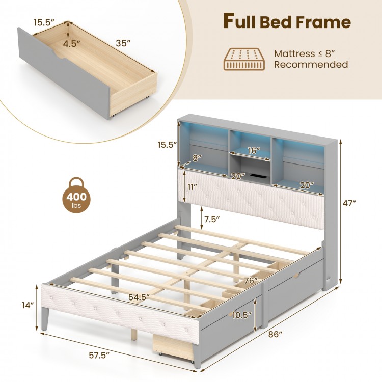 Full size bed frame in gray with bookcase headboard, LED lights, and two large storage drawers for efficient.