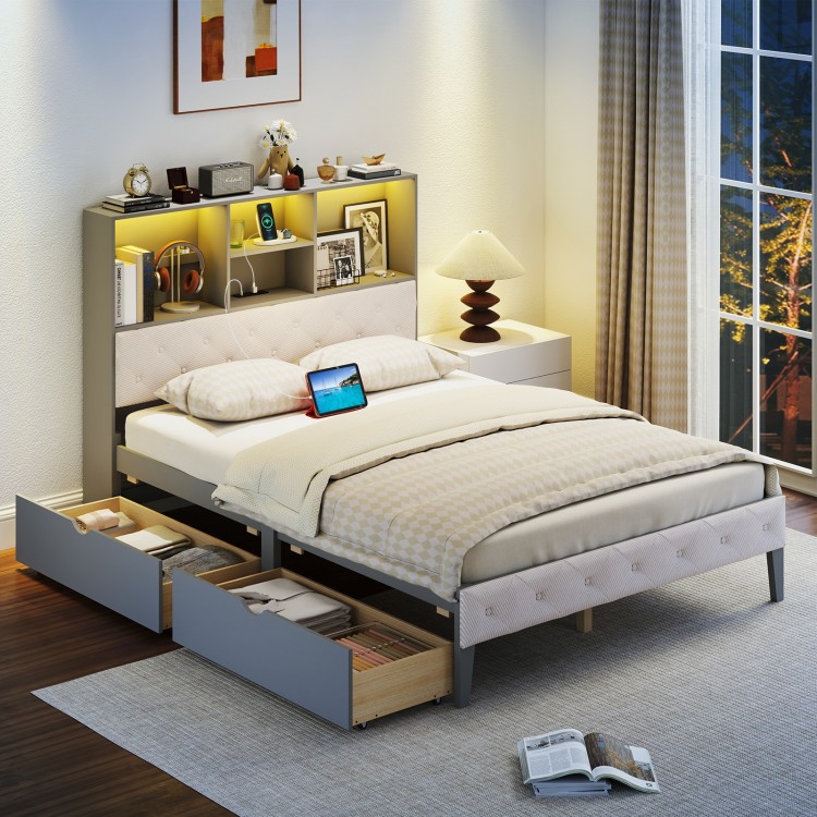 Full size gray bed frame with bookcase headboard, LED lights, and storage drawers for organized bedroom use.
