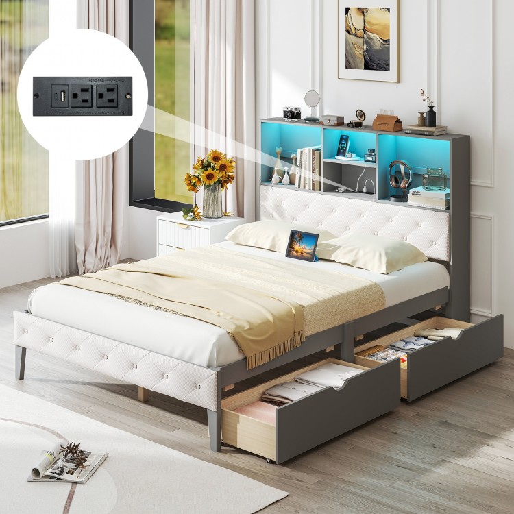 Full size bed frame in gray with bookcase headboard, LED lights, and storage drawers for organized bedroom space.