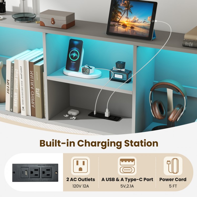Built-in charging station with 2 AC outlets and USB-C port on the Full Size Bed Frame with Bookcase Headboard.