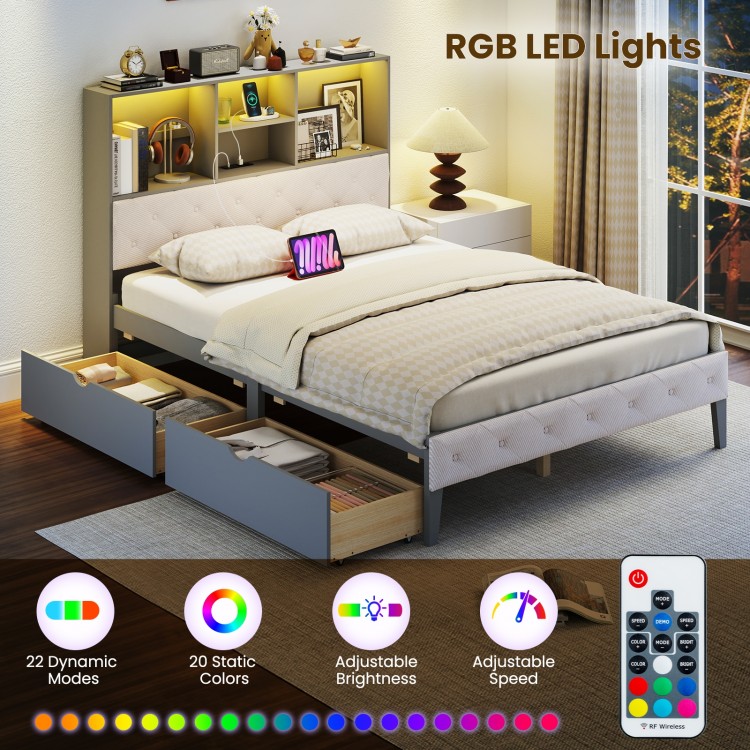 Full size gray bed frame with bookcase headboard, LED lights, and storage drawers for versatile bedroom organization.