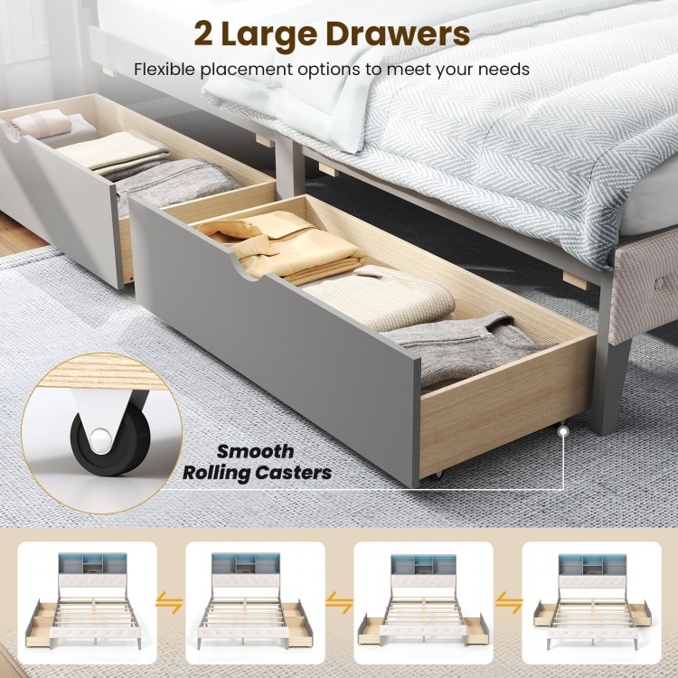 Large gray storage drawers with smooth rolling casters, designed for the Full Size Bed Frame with LED lights.