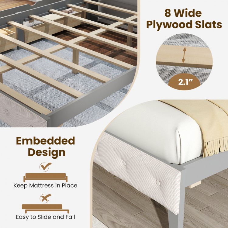 Full size bed frame with gray upholstered headboard, LED lights, and sturdy plywood slats for mattress support.