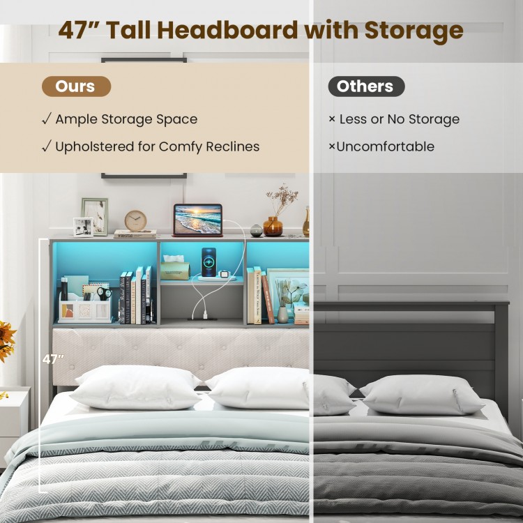 Full size bed frame with gray upholstered bookcase headboard, storage cubes, and RGB LED lights for customizable.