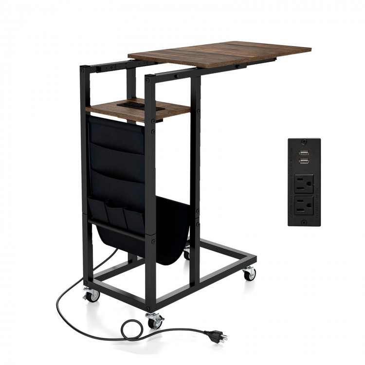 C-shaped end table with retractable tabletop, charging station, and storage pocket, perfect for small spaces.
